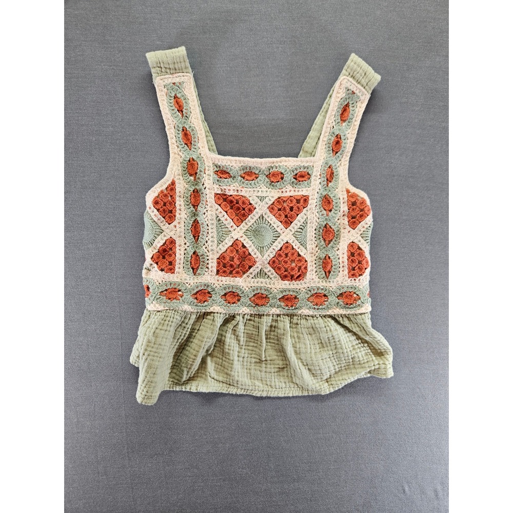 2-Hip Girls Boho Crochet Peplum Top Sage Green Gauze Size 10